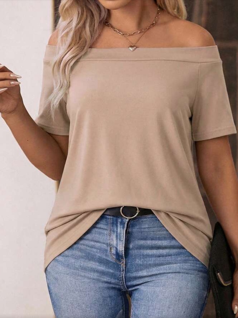 Off-Shoulder Khaki Short Sleeve Women's Top